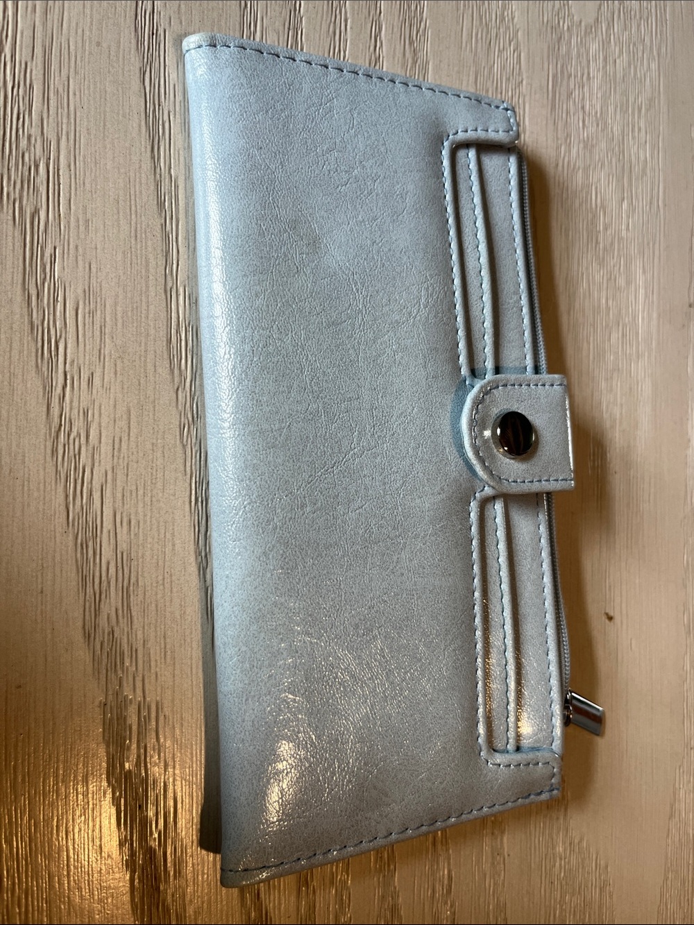 Women's Metallic Light Blue Long Wallet with Snap Closure